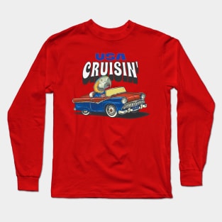 Funny and cute African blue and gold Macaw Bird driving a classic car cruising the USA Long Sleeve T-Shirt